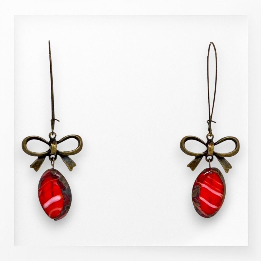 Indio Jewelry Red Picasso Glass Oval Bronze Bow Earrings #315